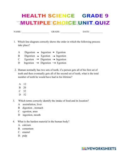 Health science multiple choice unit quiz