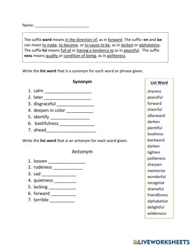 Suffixes ward en ize ful ness