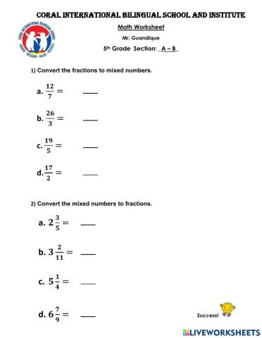 Convert fractions to mixed numbers