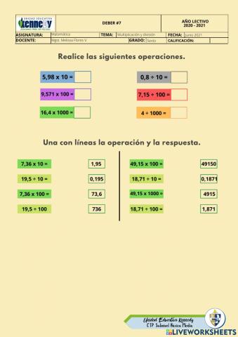Multiplicación y división por 10, 100 y 1000
