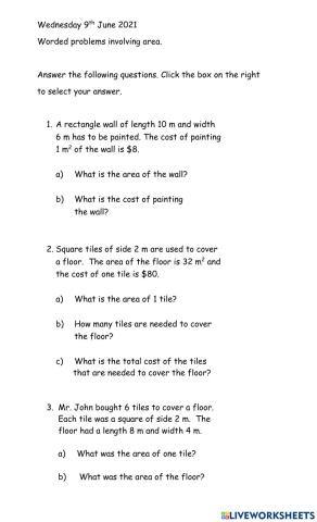 Solving worded problems involving the area of shapes