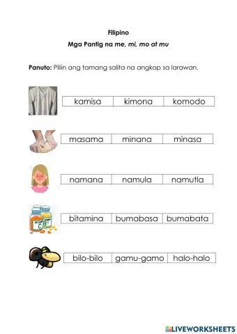 Mga Pantig na me, mi mo at mu