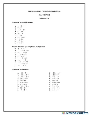 Multiplicación y división de números enteros
