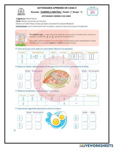 Mitad y tercio de una fracción.