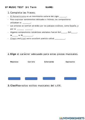 Examen música 6º Units 5-6 español
