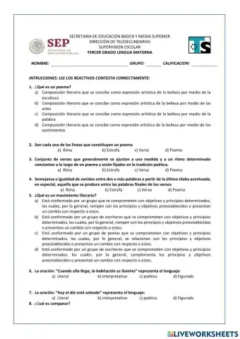 Evaluación 3er Trimestre Español