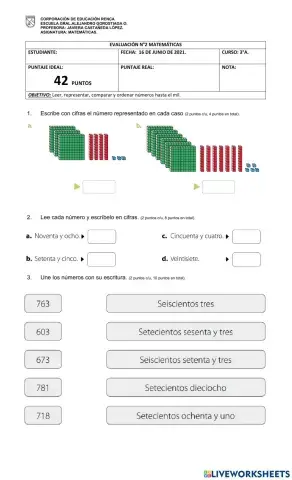 Leer, representar, comparar y ordenar números hasta el mil.