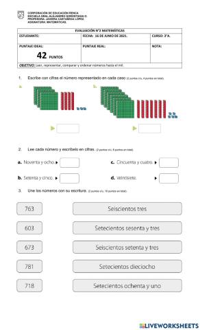 Leer, representar, comparar y ordenar números hasta el mil.