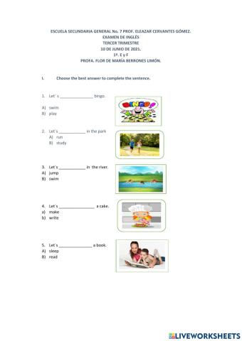 English Exam.1st. grade.