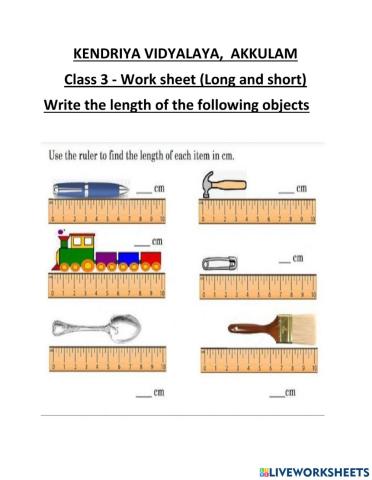 Worksheet of write the length of given objects class 3 long and short kv, akkulam