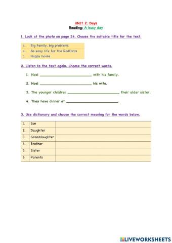 Unit 2: Reading A Busy day