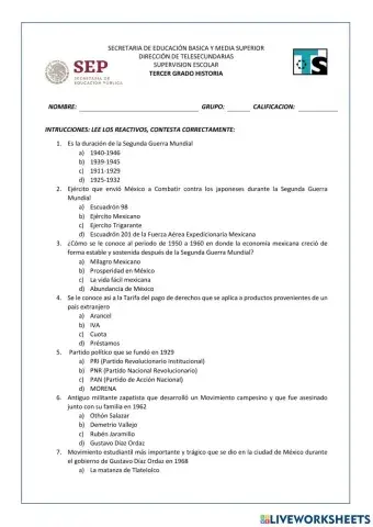 Evaluación Historia 3er trimestre 3ro secundaria