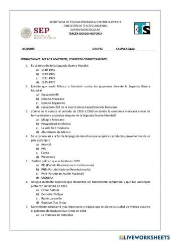 Evaluación Historia 3er trimestre 3ro secundaria