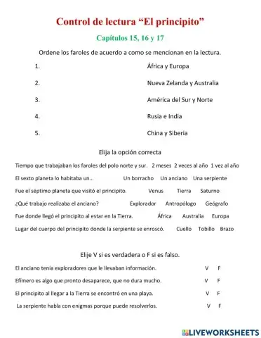 Control de lectura -El principito- Capítulos 15, 16 y 17