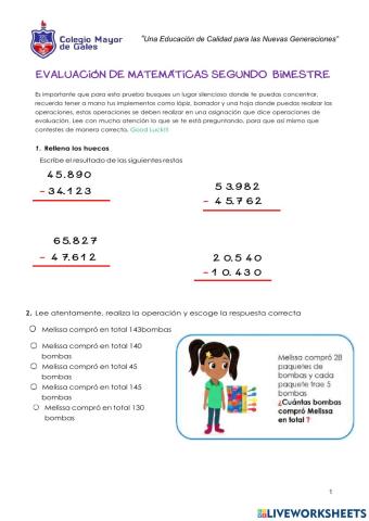 Evaluación matemáticas 2  -  segundo bimestre