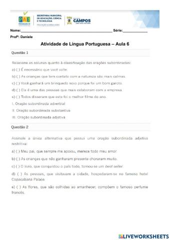 Atividades de Língua Portuguesa 9º ano