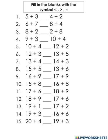 Less than, more than and equal to worksheet