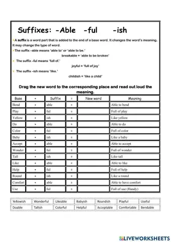 Suffixes practice -able, -ful, -ish