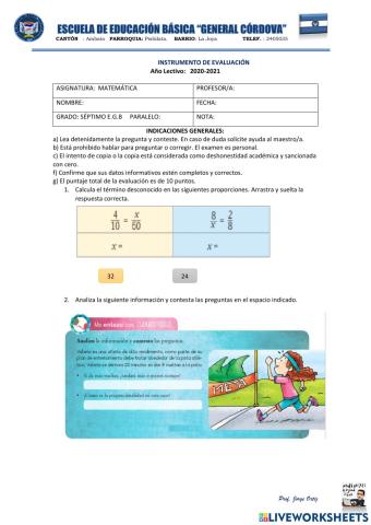 Evaluación quimestral matemática