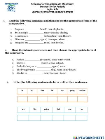 Examen de Periodo III Inglés A1+