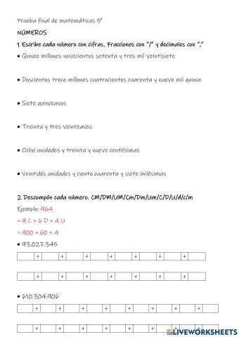 Prueba final de matemáticas 5º