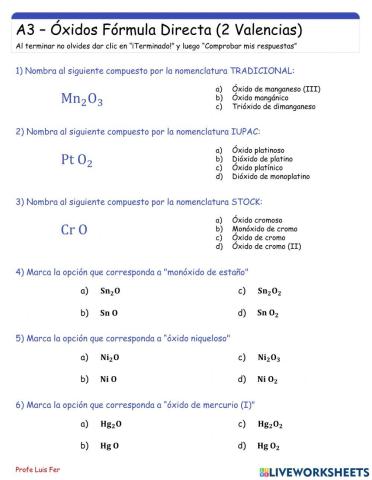Óxidos Básicos Fómula Directa (Elementos con dos valencias)
