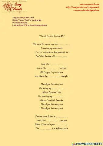 Music Lyrics - Nouns - Bon Jovi - Thank You For Loving Me