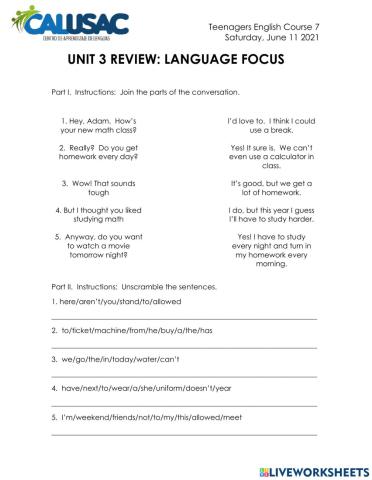 Unit 3 Review Language Focus