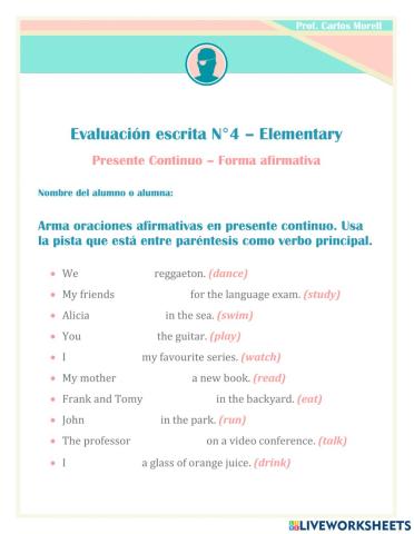 Evaluación sobre Presente Continuo Afirmativo