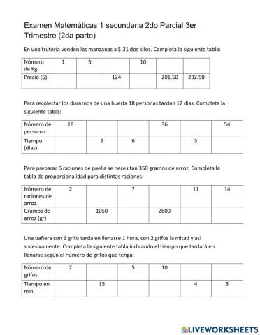 Examen Matemáticas 1 secundaria 2do Parcial 3er Trimestre (2da parte)a
