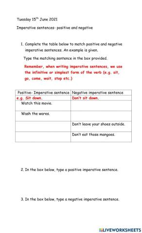 Writing positive and negative imperative sentences