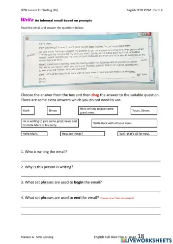English CEFR Form 4 Unit 1: Page 18 (Email writing)