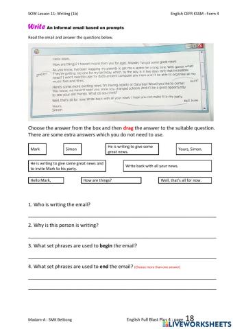 English CEFR Form 4 Unit 1: Page 18 (Email writing)