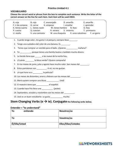 Avancemos 1 Unidad 4.1 - Práctica