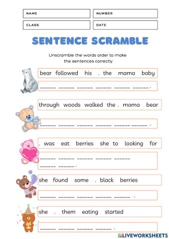 Sentence Sramble: Unit 1 The Baby Bear