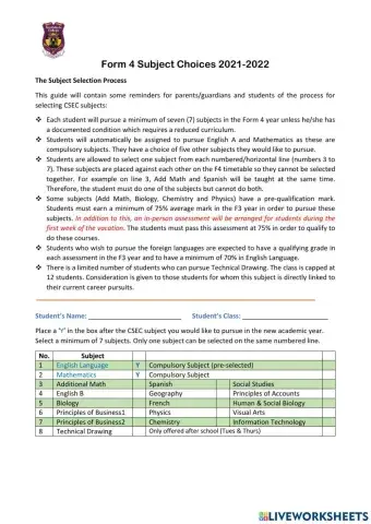 NGC Form 4 CXC CSEC Subject Selection 2021