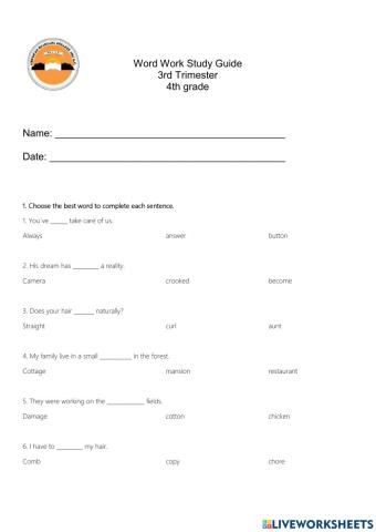 Word work study guide 4th. 3rd trimester