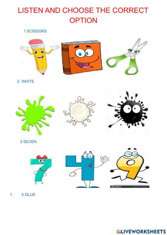 COLOURS, classroom objects, numbers