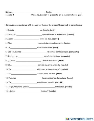 -ER & -IR Present Tense Regular Verbs