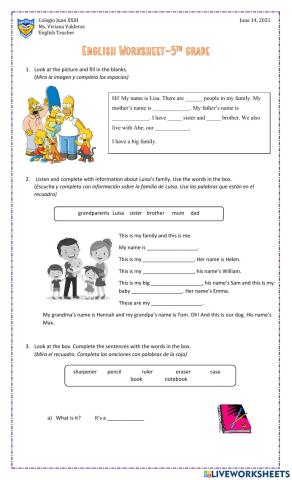 5th Grade - My Family & School Supplies