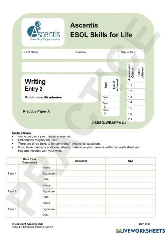 Esol E2 Writing exam practice