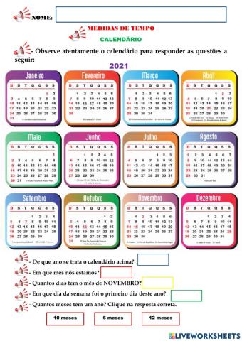 Medidas de tempo - CALENDÁRIO E DIAS DA SEMANA