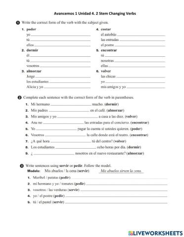 Avancemos 1 Unidad 4.2 - Stem Changing Verbs