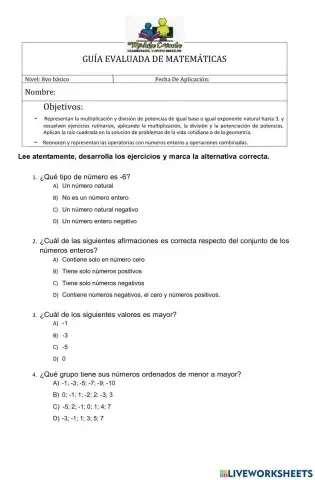 Prueba matemáticas 8vo