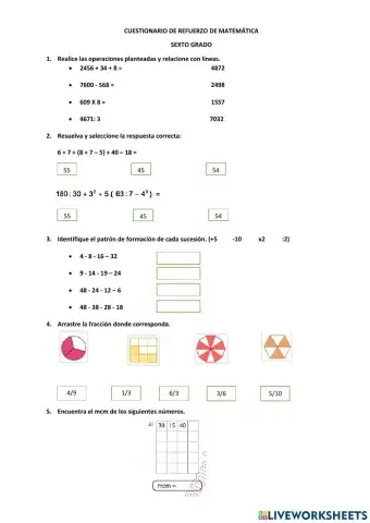 Cuestionario de matemática. 6°