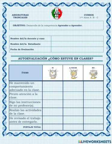 Autoevaluación ¿Cómo estuve en clases?