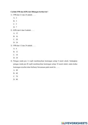 Soal evaluasi matematika (FPB dan KPK) kelas 4