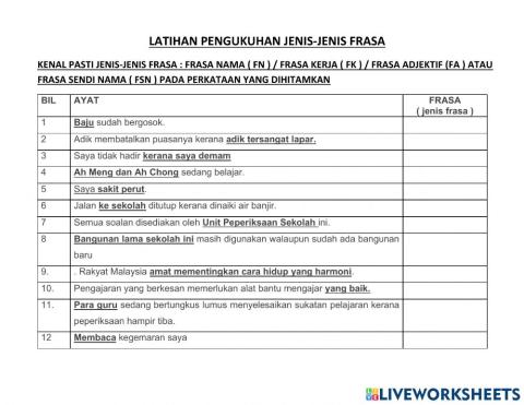 Latihan jenis frasa