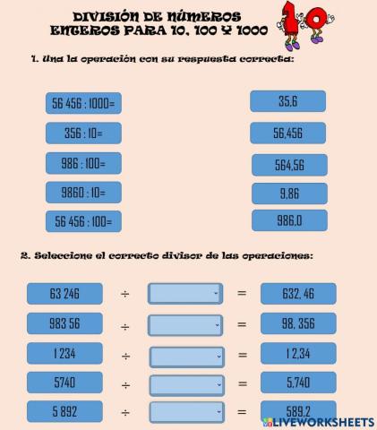 División de números naturales para 10, 100, 1000