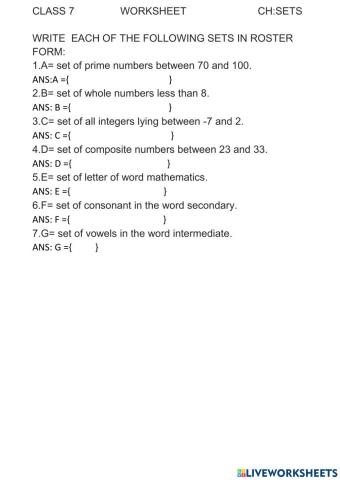 Maths worksheet          ch- sets